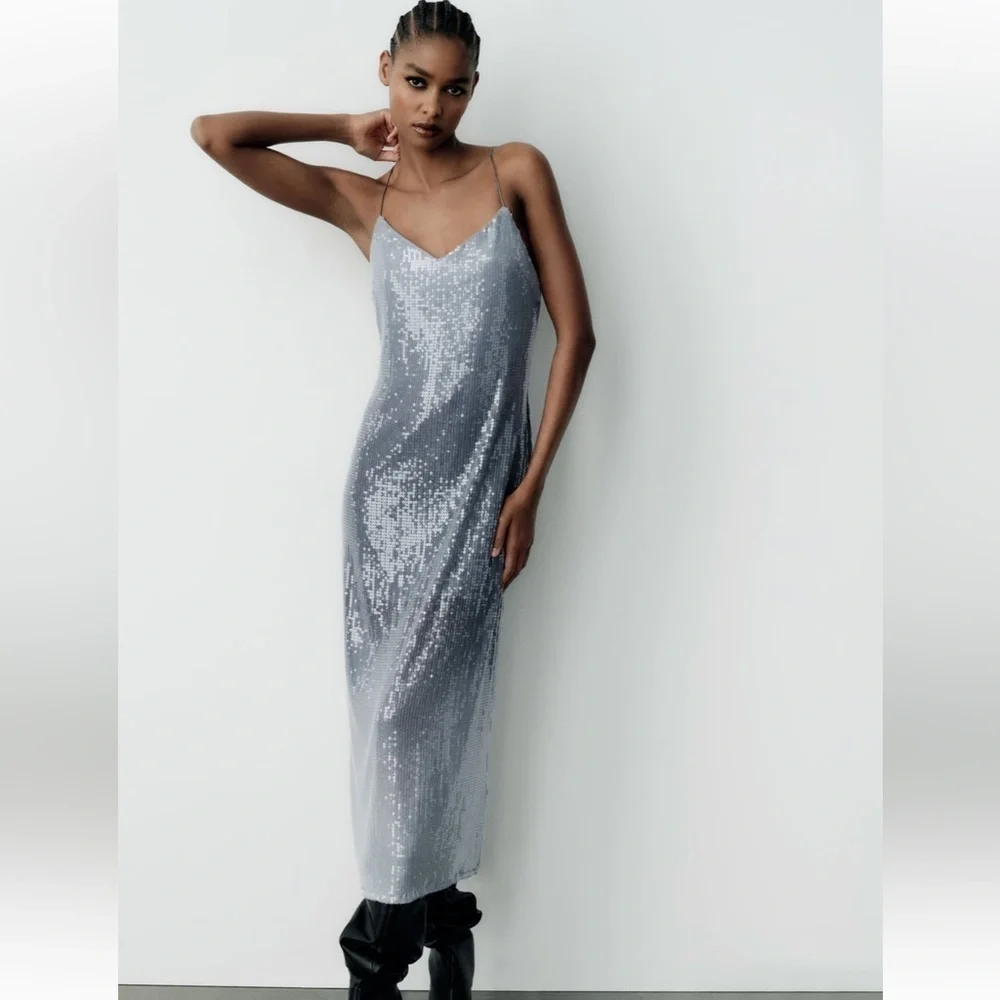 Zara NWT sequin midi dress silver - Picture 1 of 11